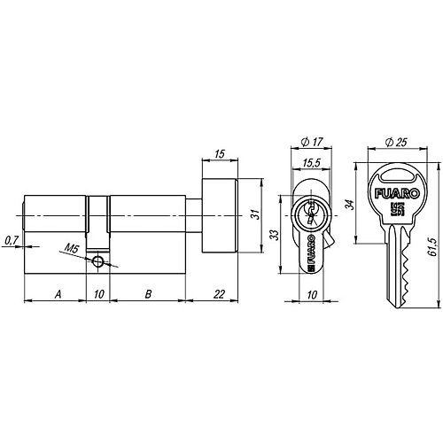 Цилиндровый Fuaro (Фуаро) механизм (R302/60) R3002Knob60(25+10+25) CP хром 5Key с вертушкой