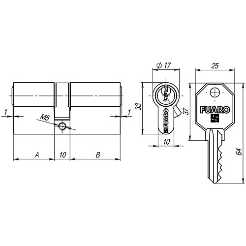 Цилиндровый Fuaro (Фуаро) механизм (100 CA/105) 1000CAKey105(30+10+65) CP хром 3Key